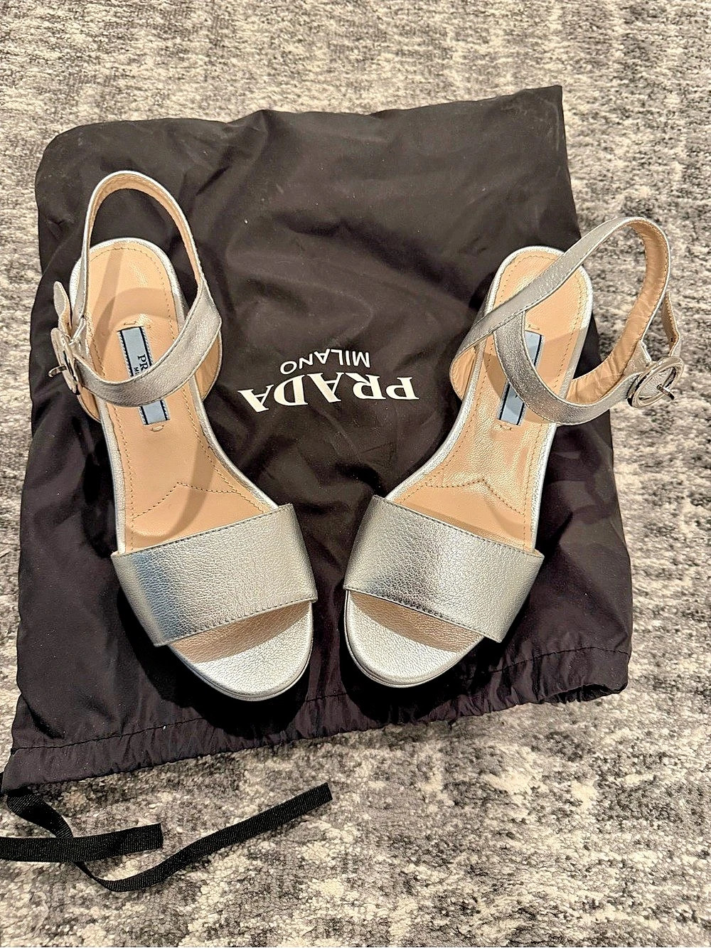 Prada Metallic Leather Platform Block Heel Sandals Silver